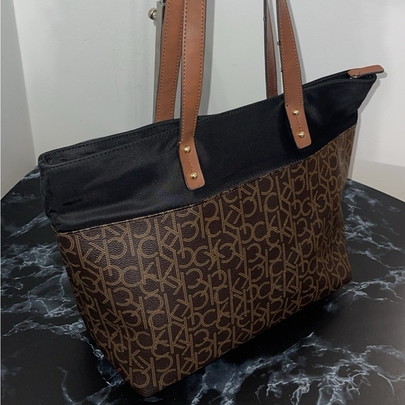 CALVIN KLEIN Handbag Black Brown CK Logo Allover Print Tote Satchel AUTHENTIC - Picture 6 of 11
